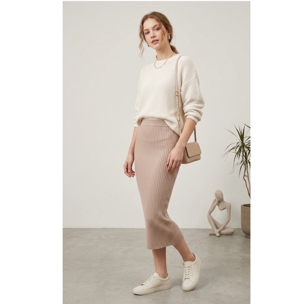 Privy cream Ribbed Knit Midi Skirt Hot Miami Styles Medium